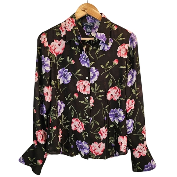 Jones NY Signature 100% Silk Floral Button Up Blouse Medium Black Tailored Fit - Picture 2 of 14
